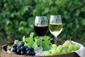 Red and white wine with grapes in nature