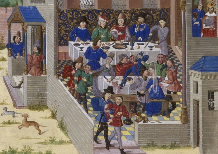 Scène banquet
vin moyen age 
histoire du vin 
banquet vin moyen age
