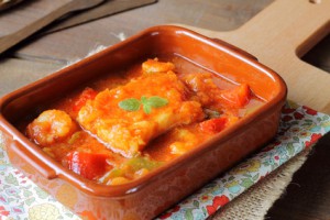 Cod and prawns in vegetable sauce