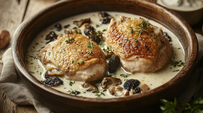 poulet vin du jura morilles