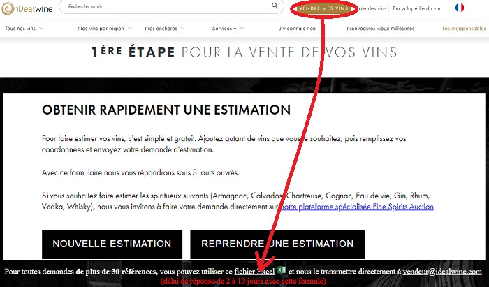 Vendre vin iDealwine formulaire en ligne