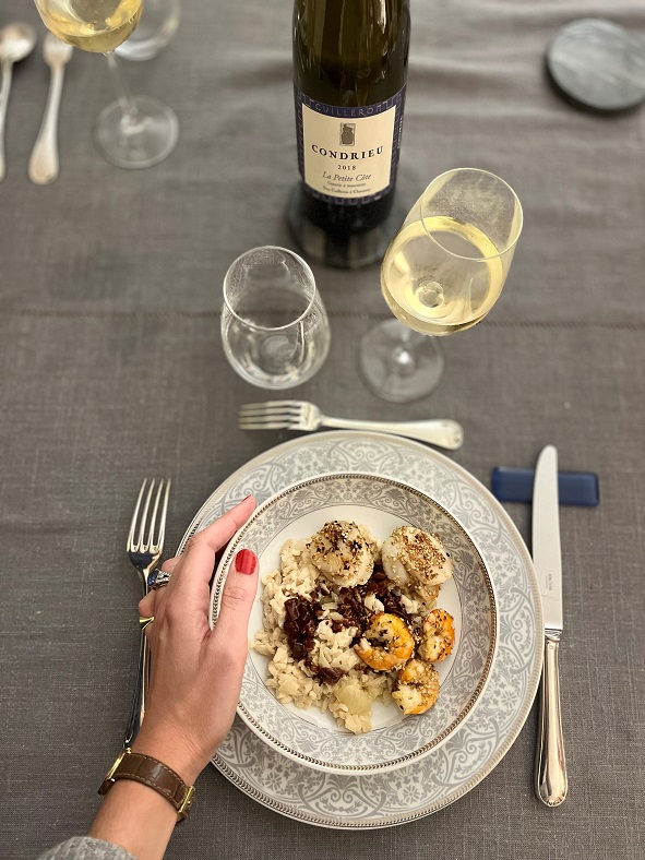 Vins recette Constance iDealwine condrieu Cuilleron risotto noix de saint-jacques gambas